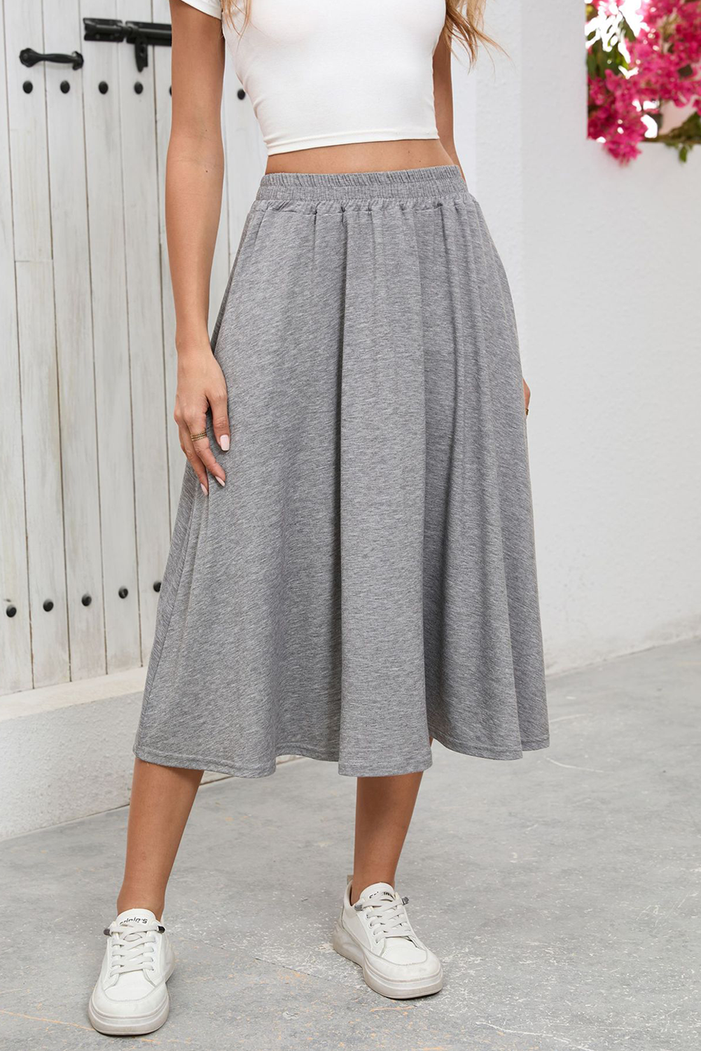 Gray High Waist Large Hem Draped Casual Midi Skirt