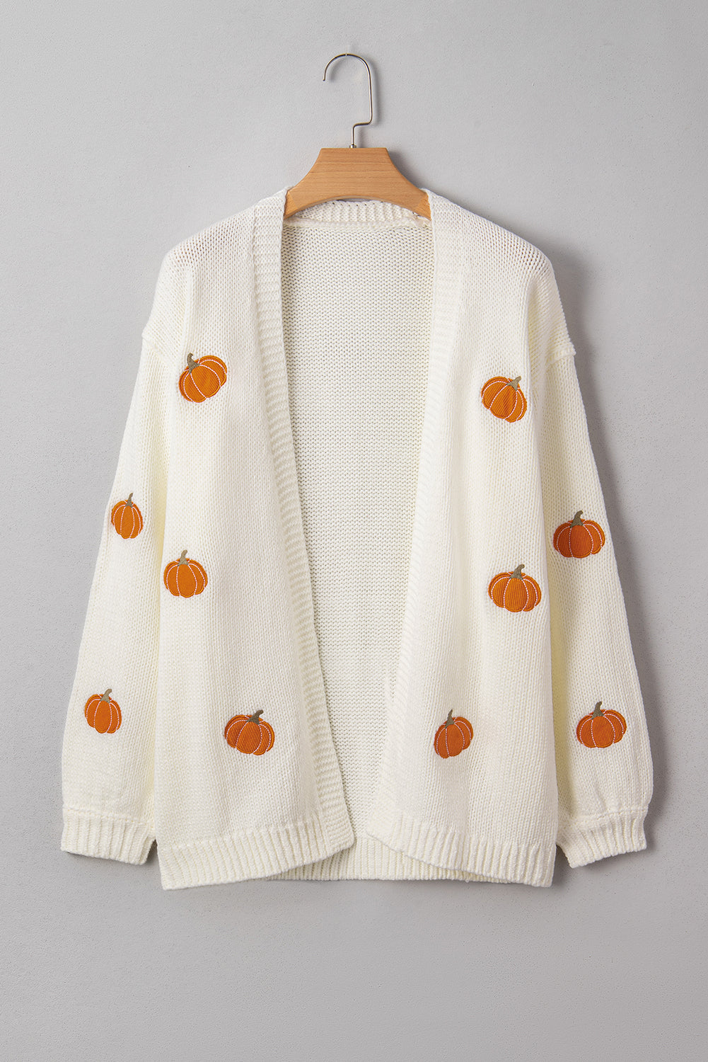White Pumpkin Print Open Front Drop Shoulder Knit Cardigan