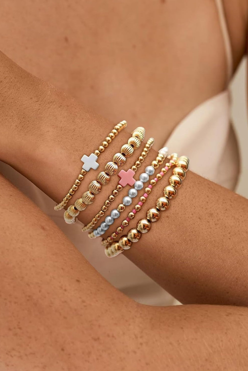 Gold Pearl Cross Beaded Stretch Bracelet Set