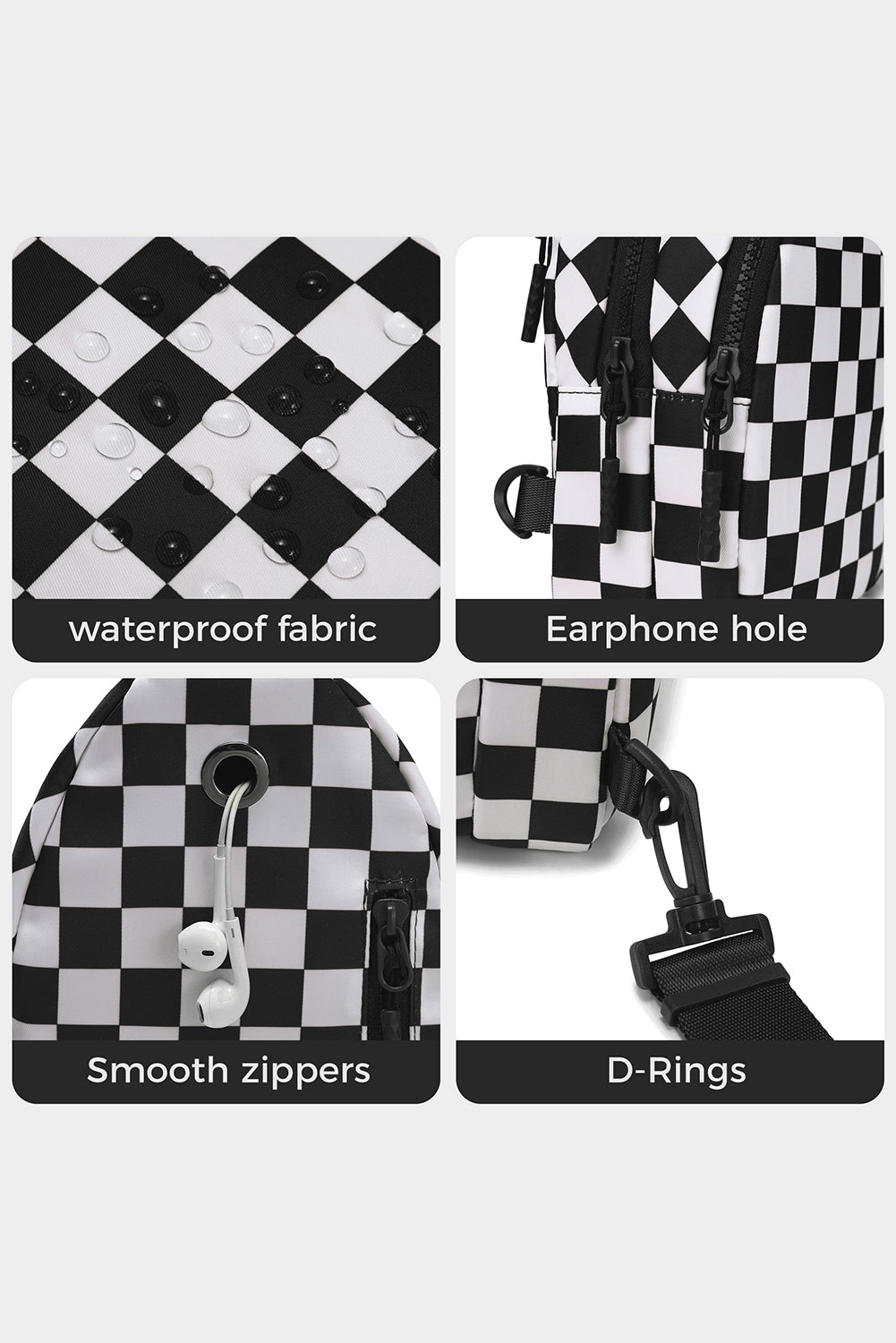 Black Checkered Print Zip Front Crossbody Bag