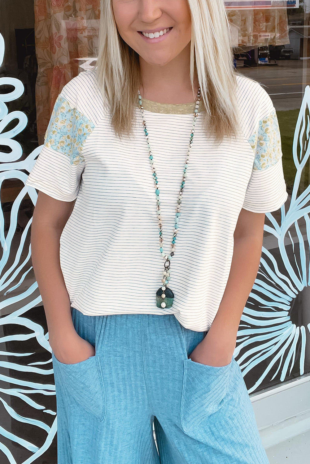 White Striped Floral Patchwork Sleeves Contrast Round Neck T Shirt