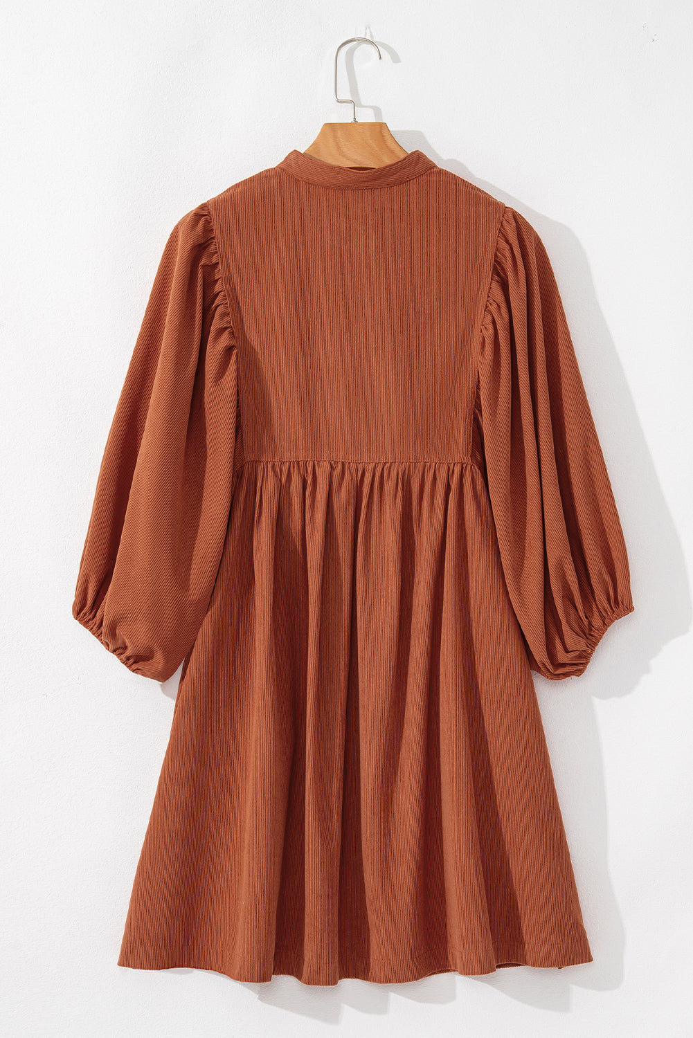 Gold Flame Light Snap Button Empire Waist Lantern Sleeve Corduroy Dress