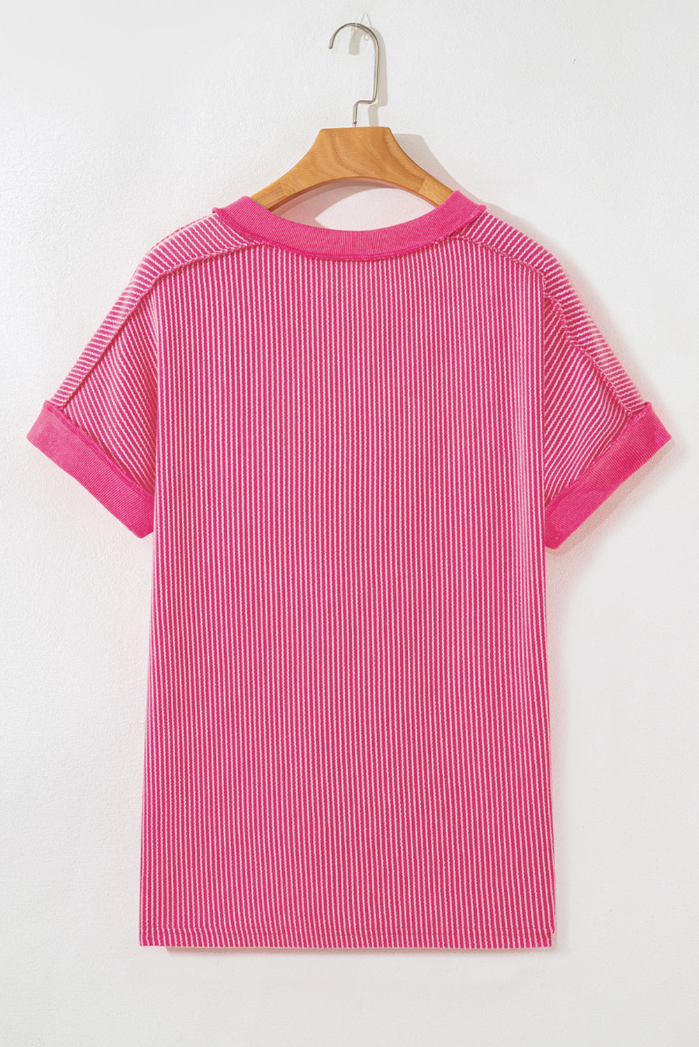 Rose Red Twisted Ribbed Knit Patchwork V Neck Casual Tee