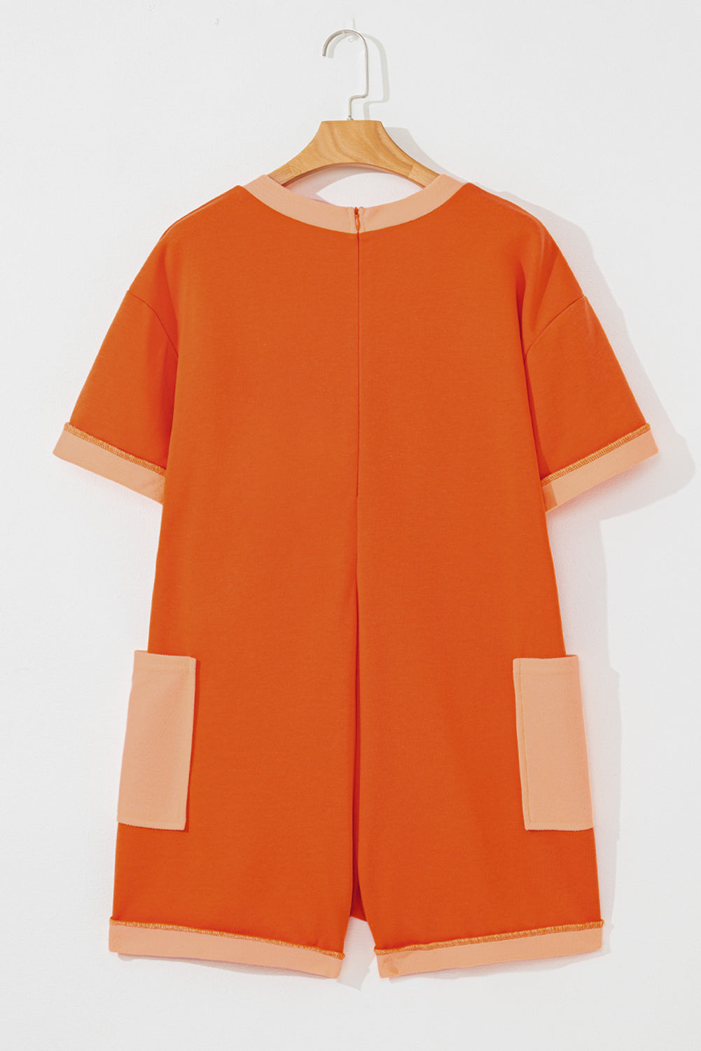 Russet Orange Two Tone Short Sleeve V Neck Patched Pocket Loose Romper