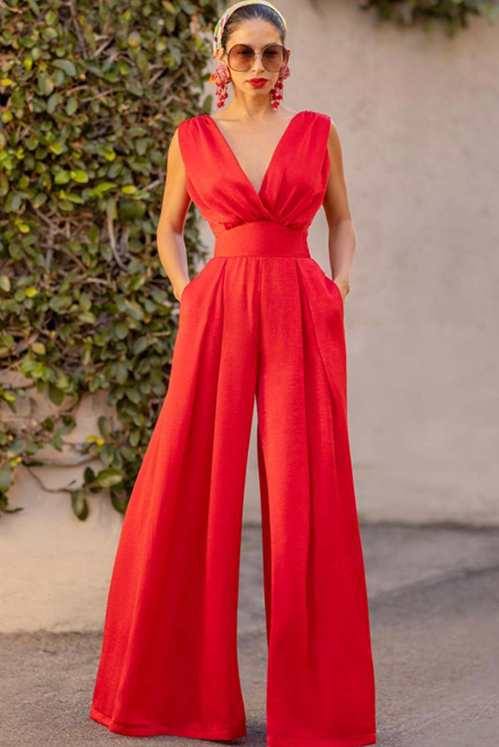 Tomato Red Sleeveless Wrap Wide Leg Jumpsuit