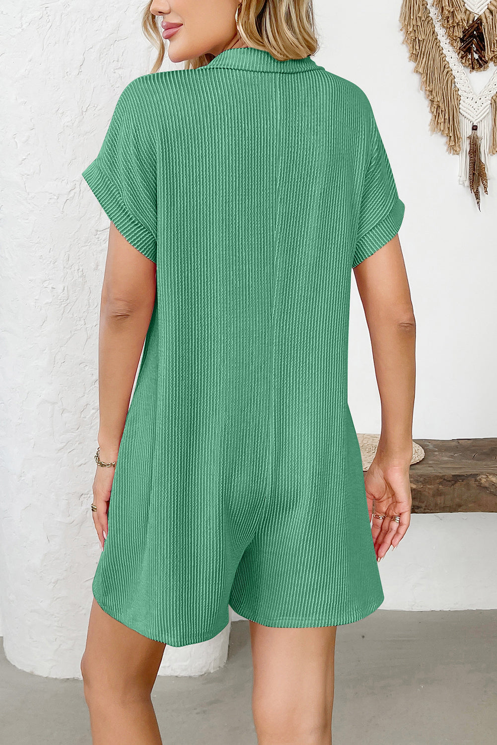 Grass Green Lapel Button Loose Pocket Short Sleeve Romper