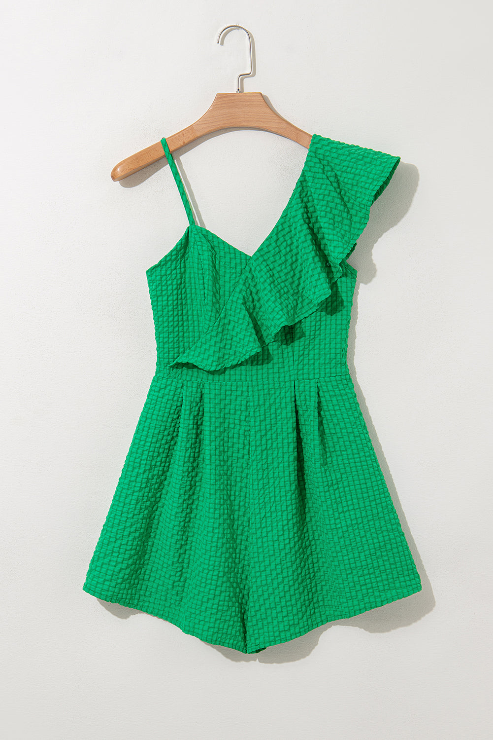 Bright Green Textured Asymmetric Sleeveless ruffle Romper