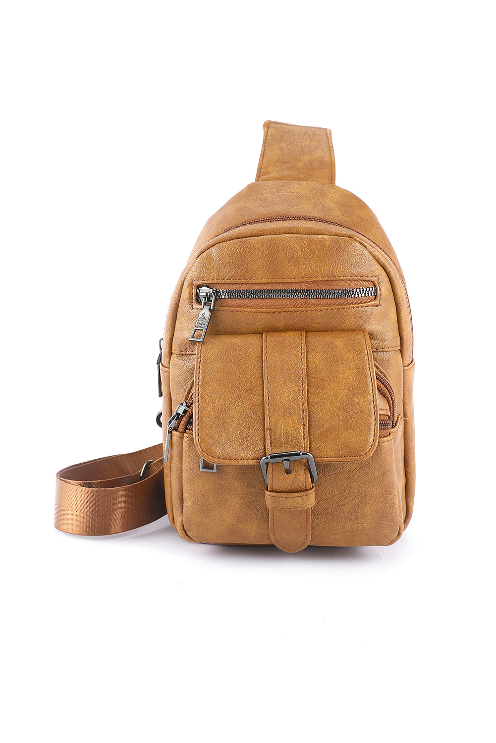 Khaki Vintage Zipper Multi Pockets PU Sling Bag
