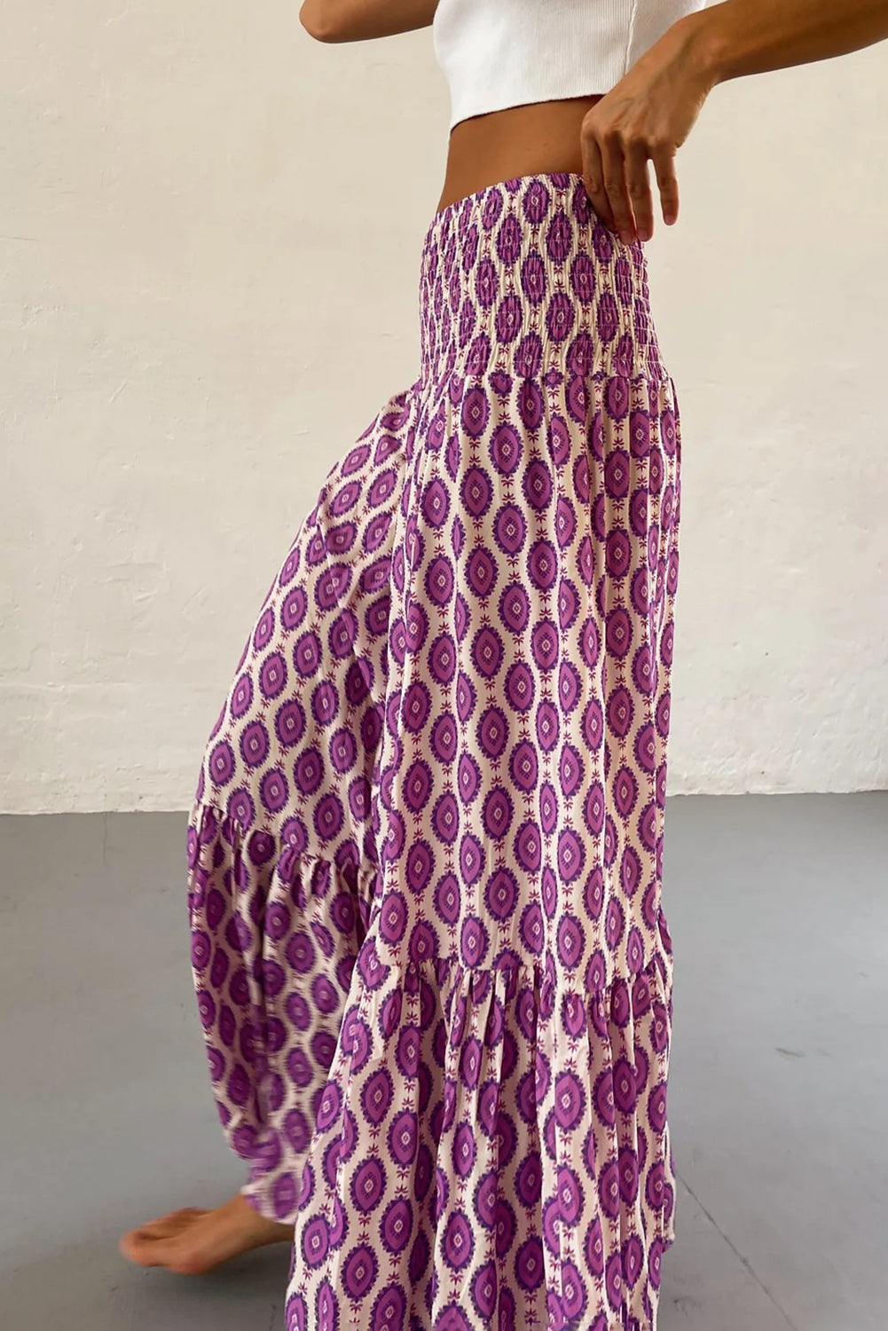 Purple Abstract Print Smocked Waist Maxi Skirt