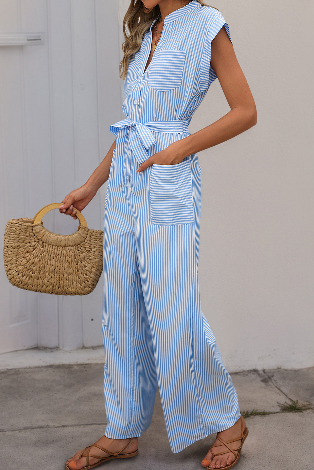 Sky Blue Striped Knot Waist V Neck Pocket Jumpsuit