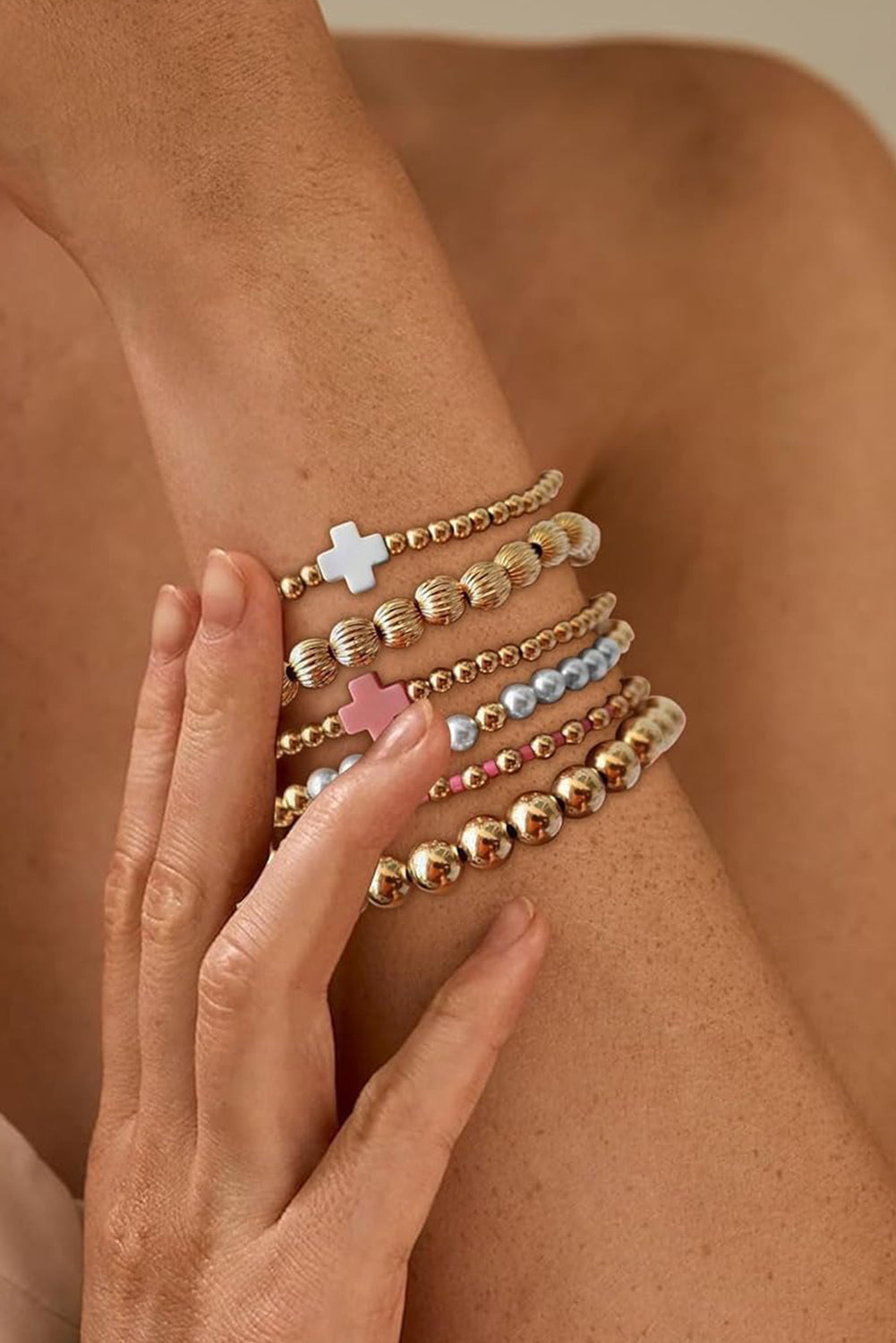Gold Pearl Cross Beaded Stretch Bracelet Set