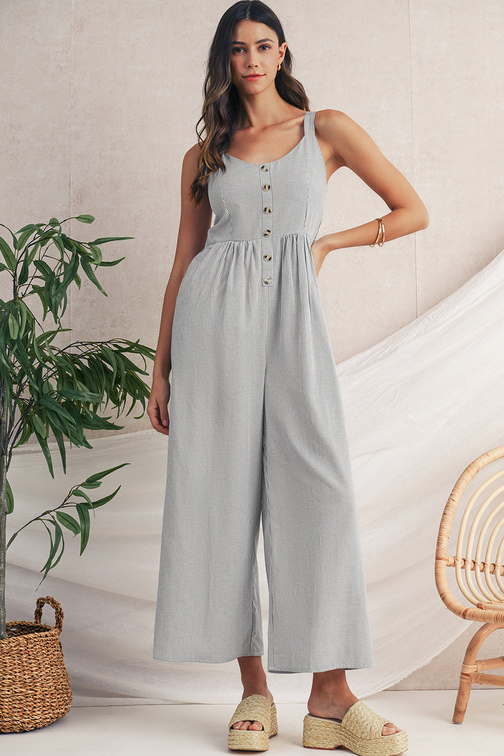 Black Stripe Half Buttoned Sleeveless Wide Leg Jumpsuit