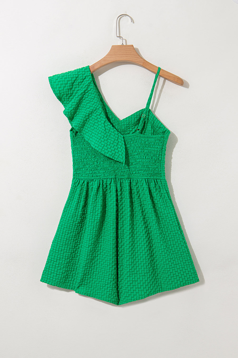 Bright Green Textured Asymmetric Sleeveless ruffle Romper