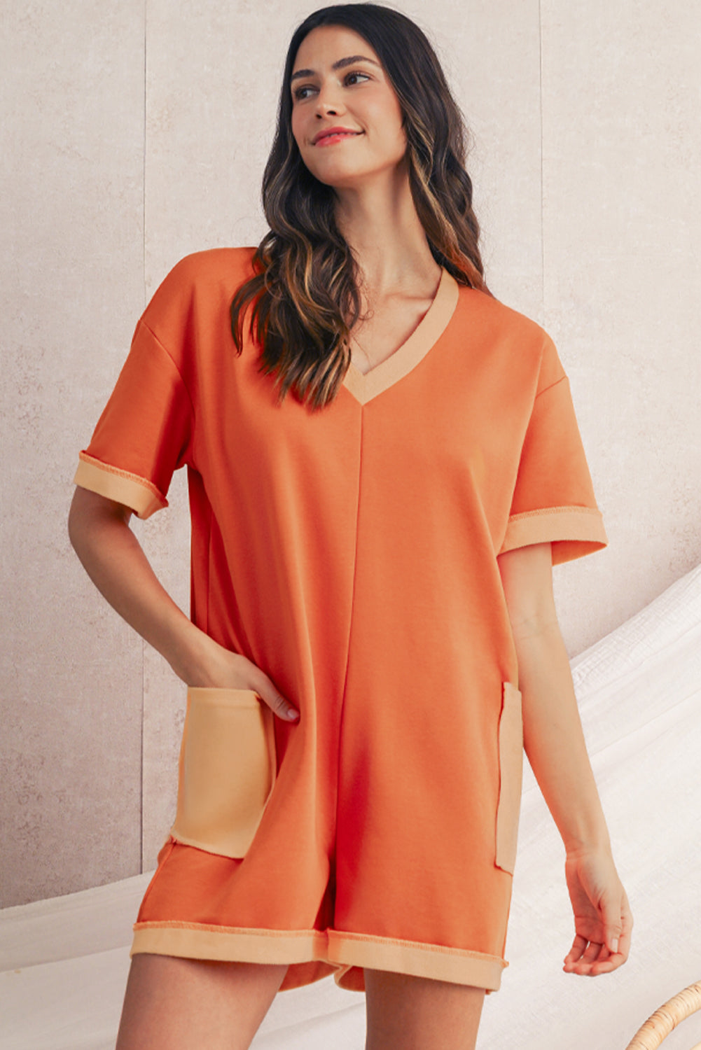 Russet Orange Two Tone Short Sleeve V Neck Patched Pocket Loose Romper