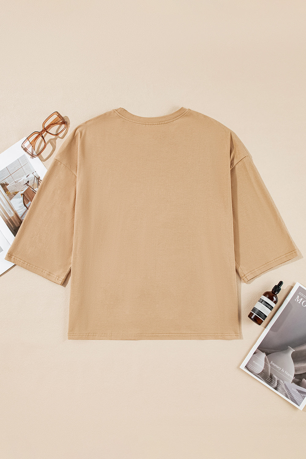 Camel Floral Star Patched 3/4 Sleeve T Shirt