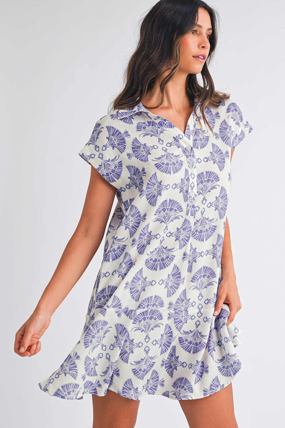 Sky Blue Abstract Print Collared Mini Dress