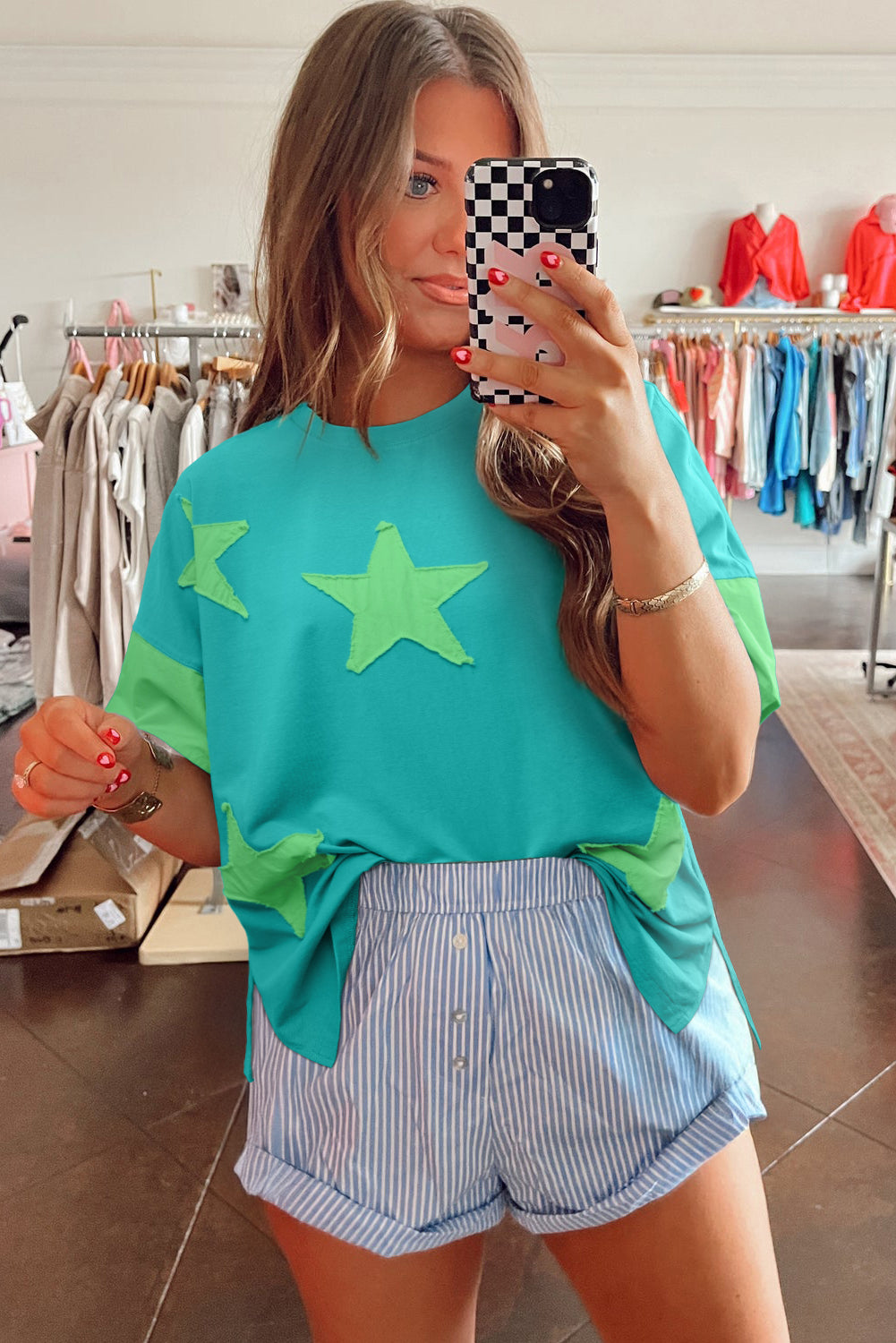 Aruba Blue Frayed Star Patched 4th of July Oversize T Shirt