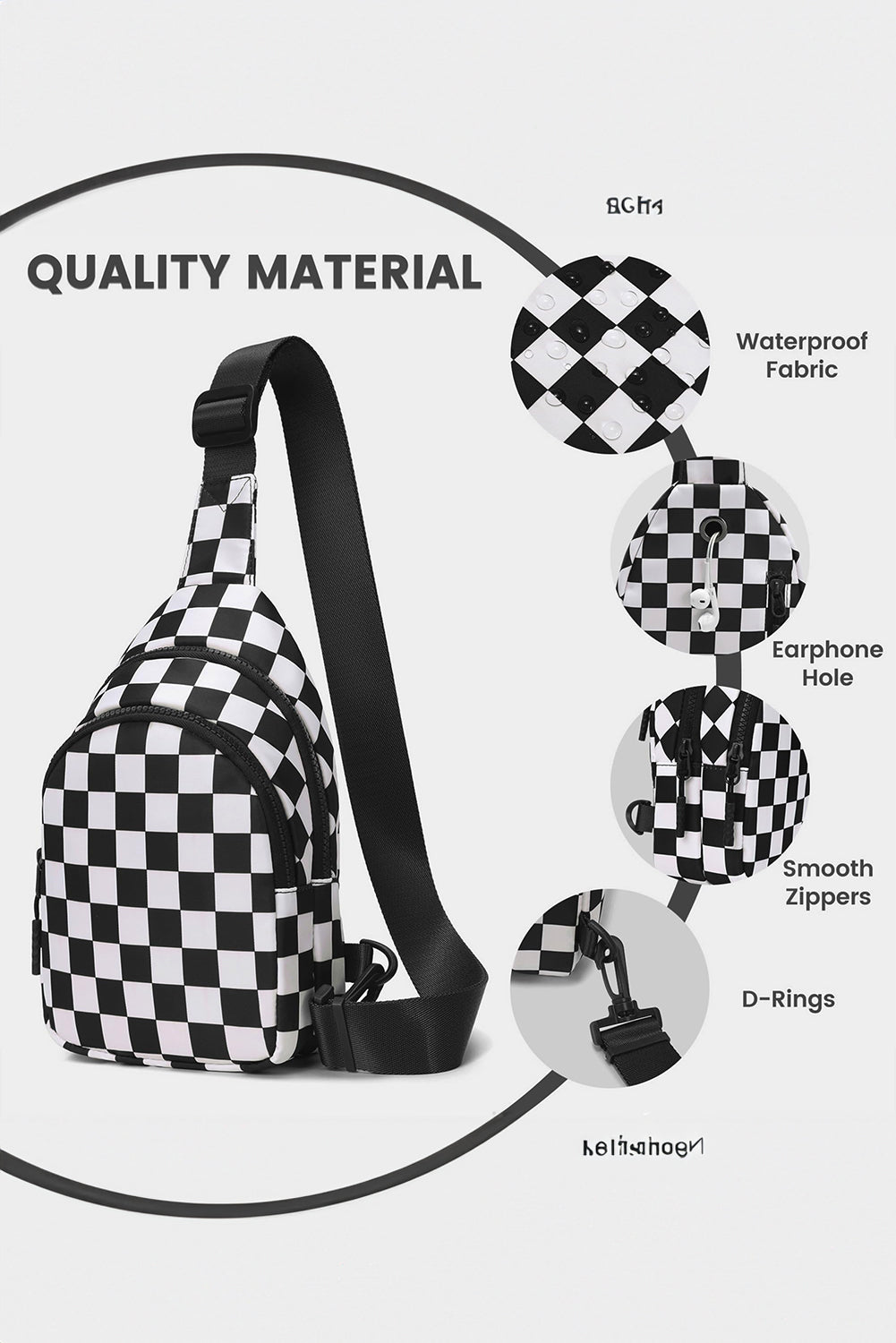 Black Checkered Print Zip Front Crossbody Bag