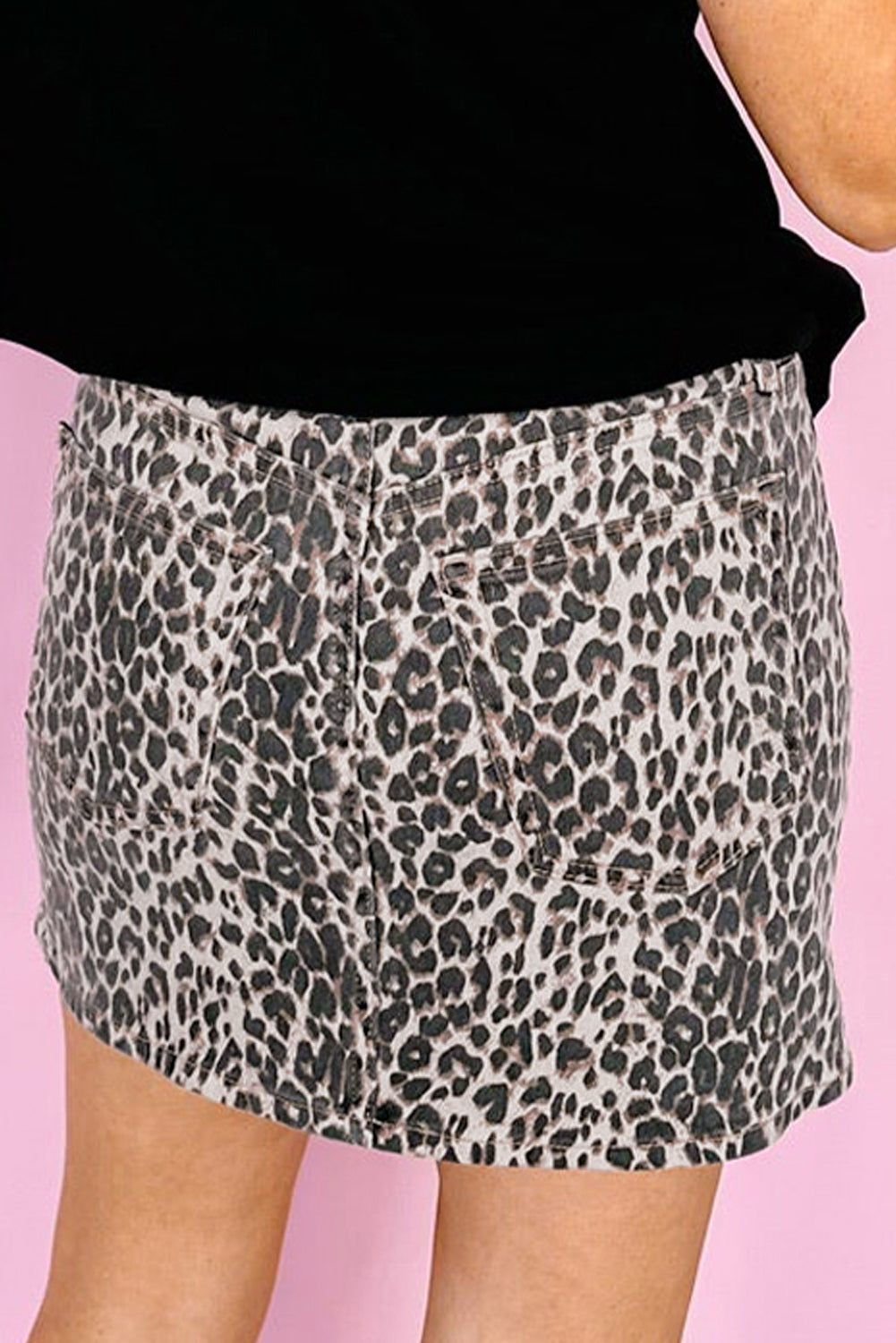 Khaki Allover Leopard Print Denim Mini Skirt