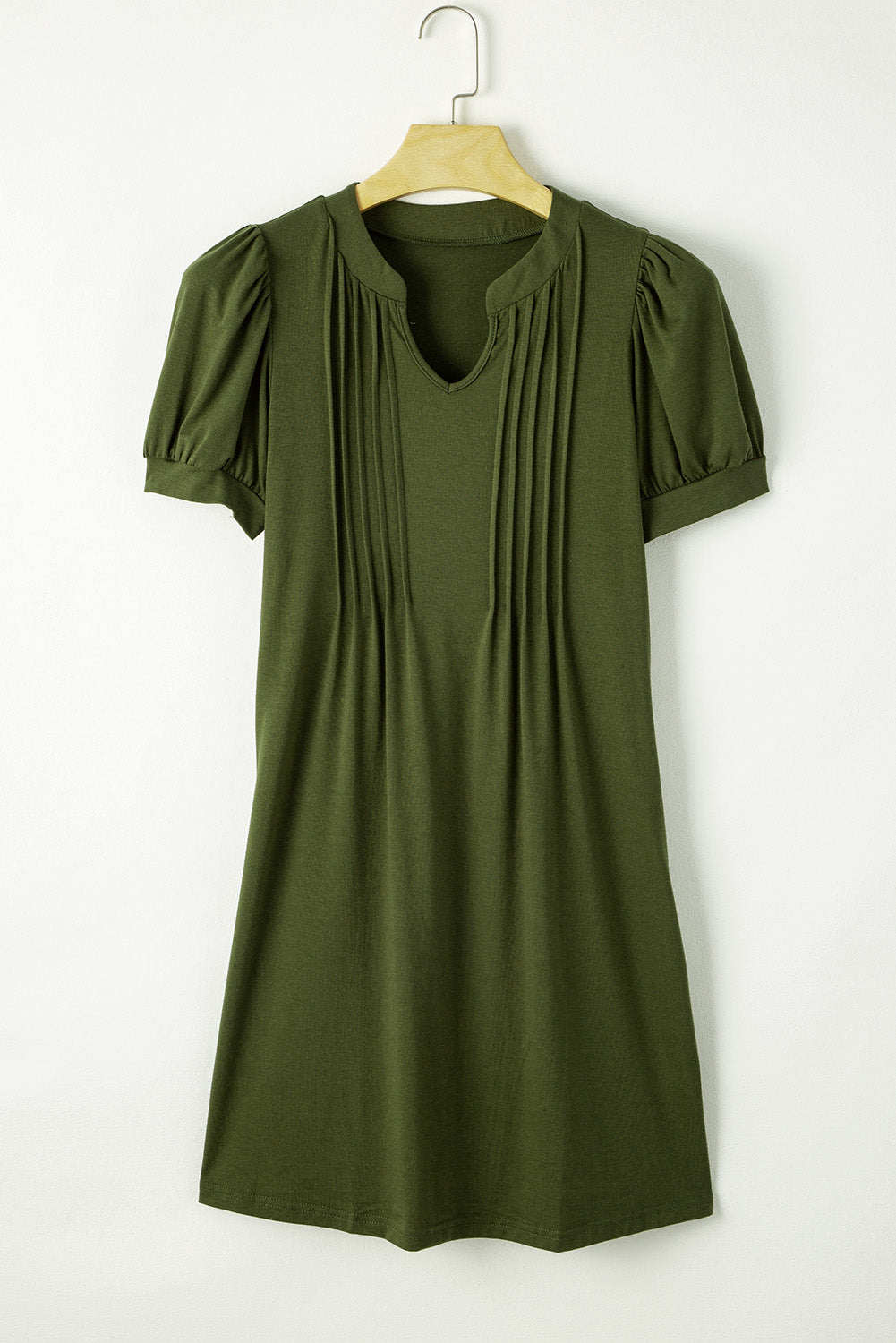 Fern Green Notched Neck Puff Sleeve Pleated T Shirt Dress