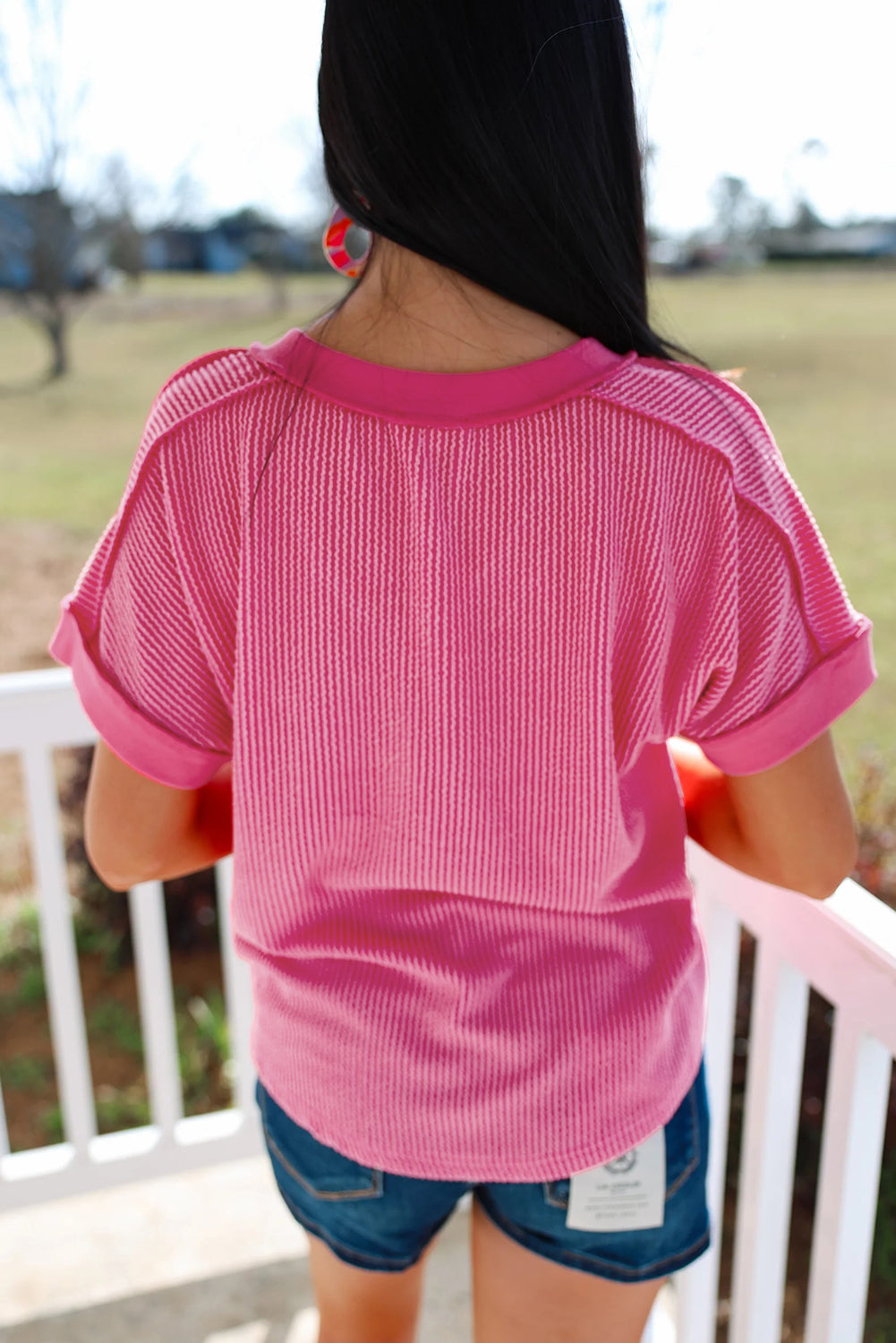 Rose Red Twisted Ribbed Knit Patchwork V Neck Casual Tee