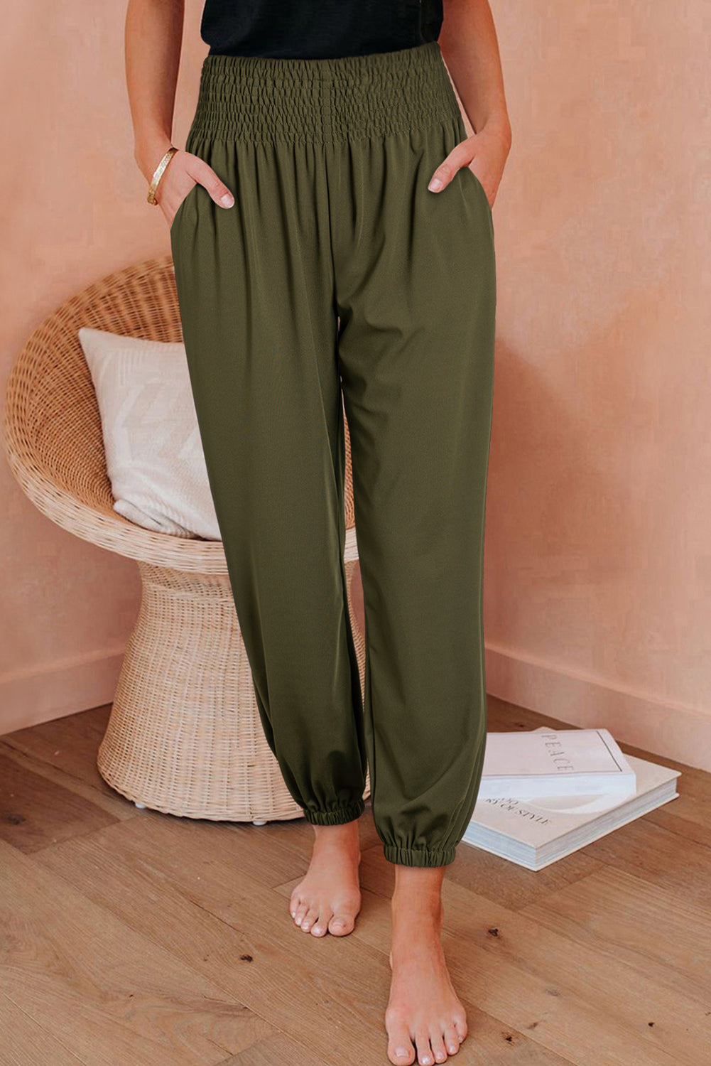 Jungle Green Pocketed Shirred High Waist Joggers
