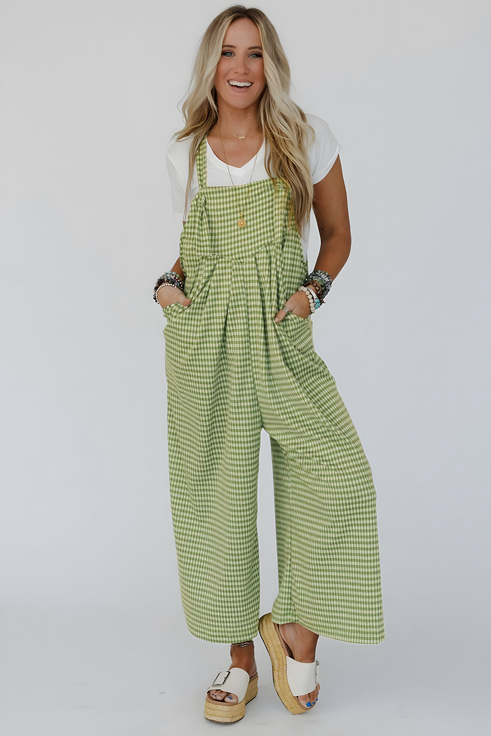 Green Gingham Wide Leg Pockets Loose Overall