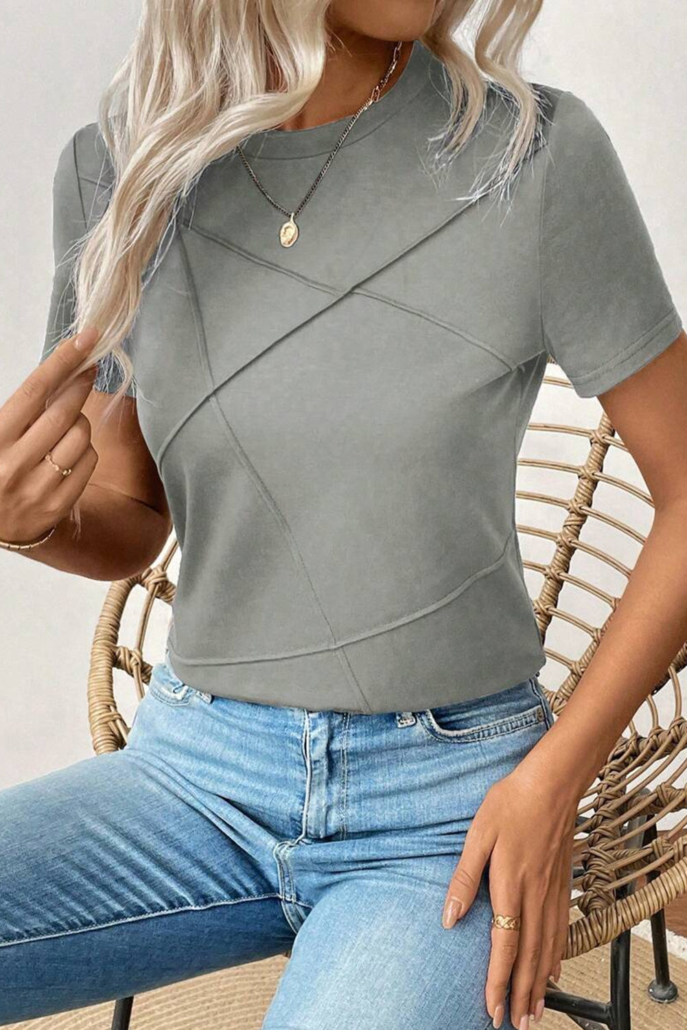 Medium Grey Solid Color Round Neck T Shirt