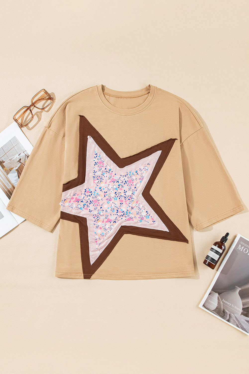 Camel Floral Star Patched 3/4 Sleeve T Shirt