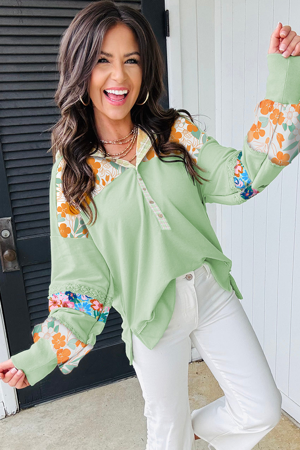 Clearly Aqua Lace Floral Patchwork Hooded Henley Top