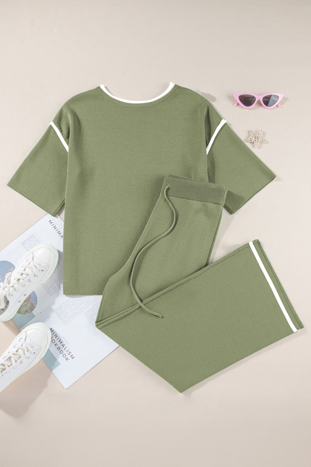 Guacamole Green Loose Contrast Trim Half Sleeve Top and Drawstring Pants Set