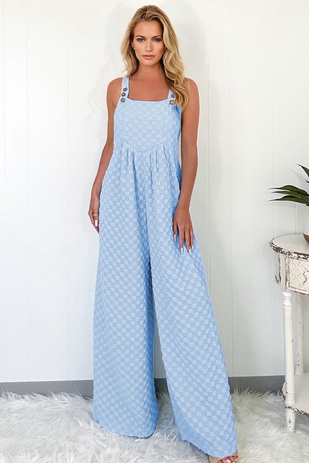 Beau Blue Checkered Pocket High Waist Wide Leg Overall
