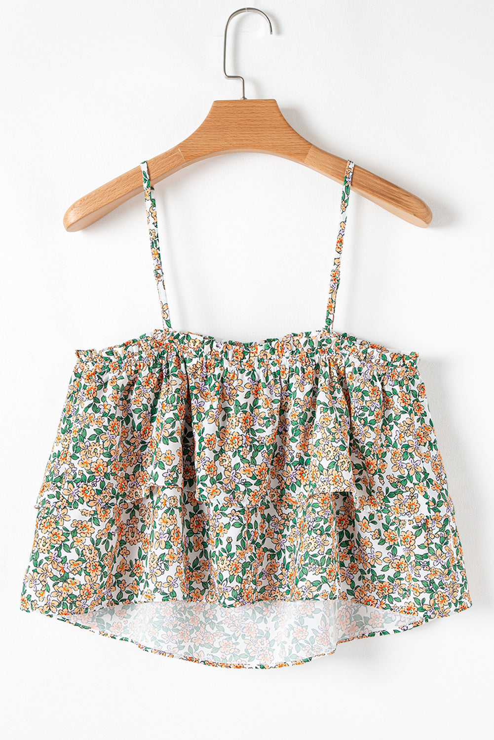 White Boho Floral Spaghetti Strap Ruffle Summer Cami Top