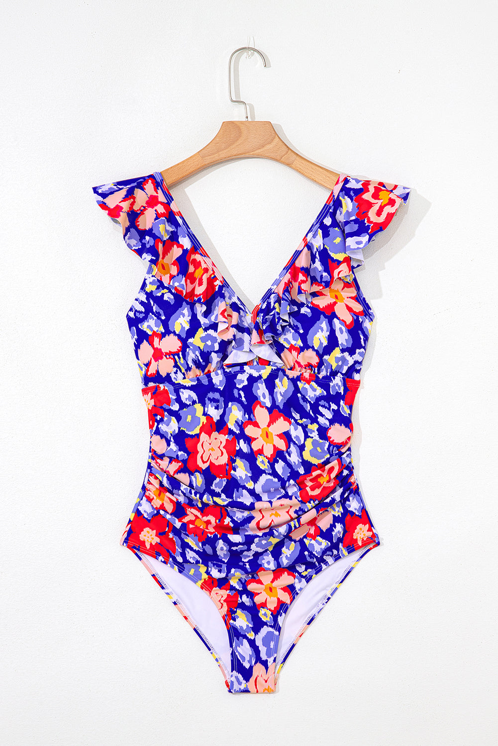 Blue Floral Ruffle Trim V Neck Backless One Piece Swimsuit