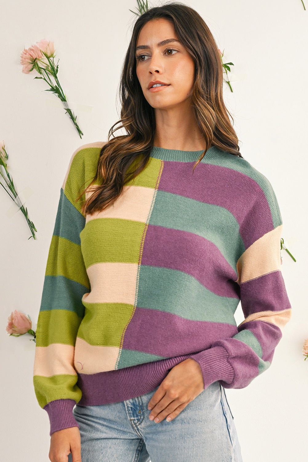 Green Stripe Colorblock Drop Shoulder Ribbed Edge Sweater