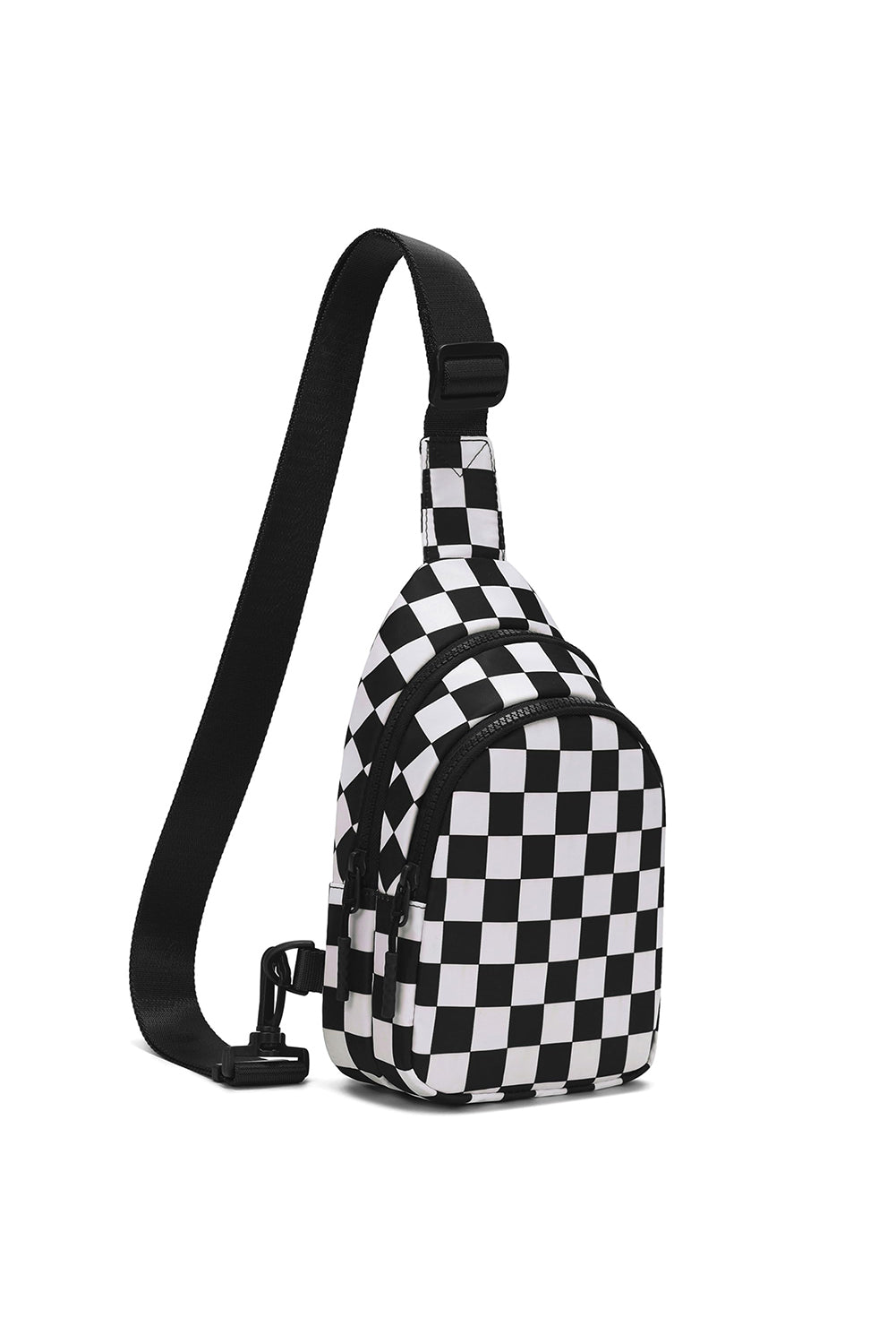 Black Checkered Print Zip Front Crossbody Bag