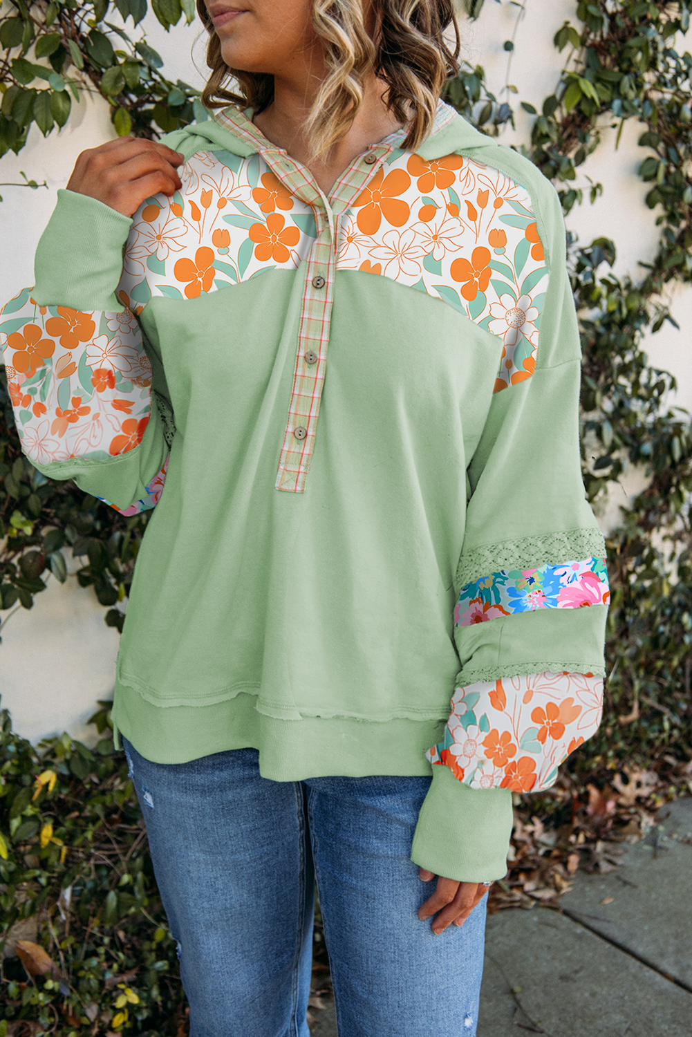 Clearly Aqua Lace Floral Patchwork Hooded Henley Top