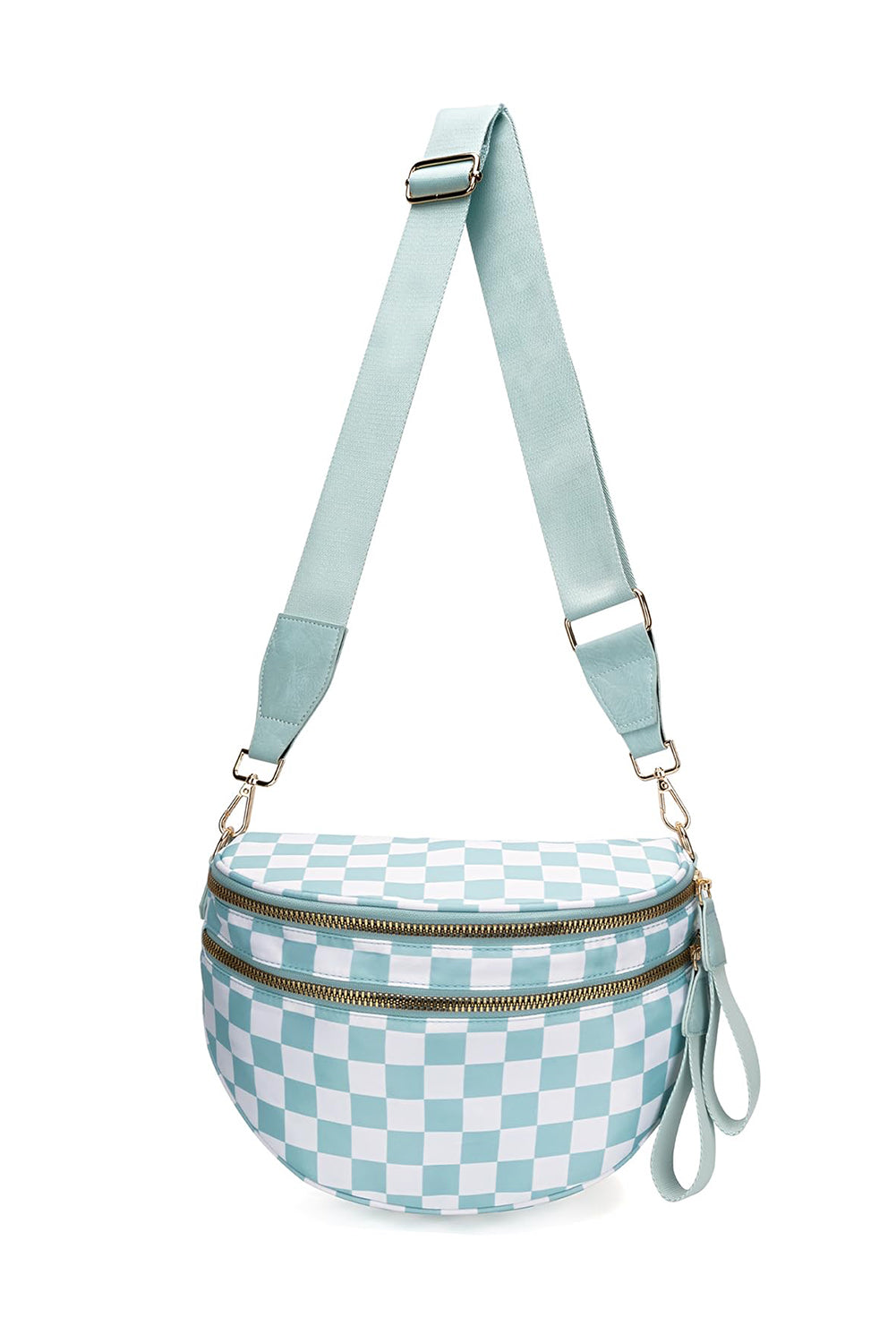 Mist Blue Checkered Print Wide Strap Large Crossbody Bag