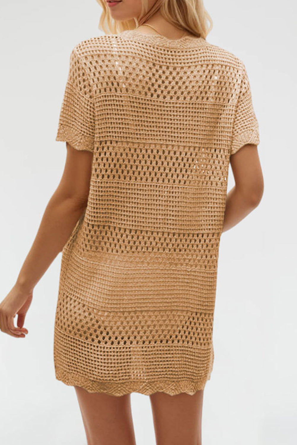 Tan Hollow Out Crochet Short Sleeve Swimsuit Cover Up