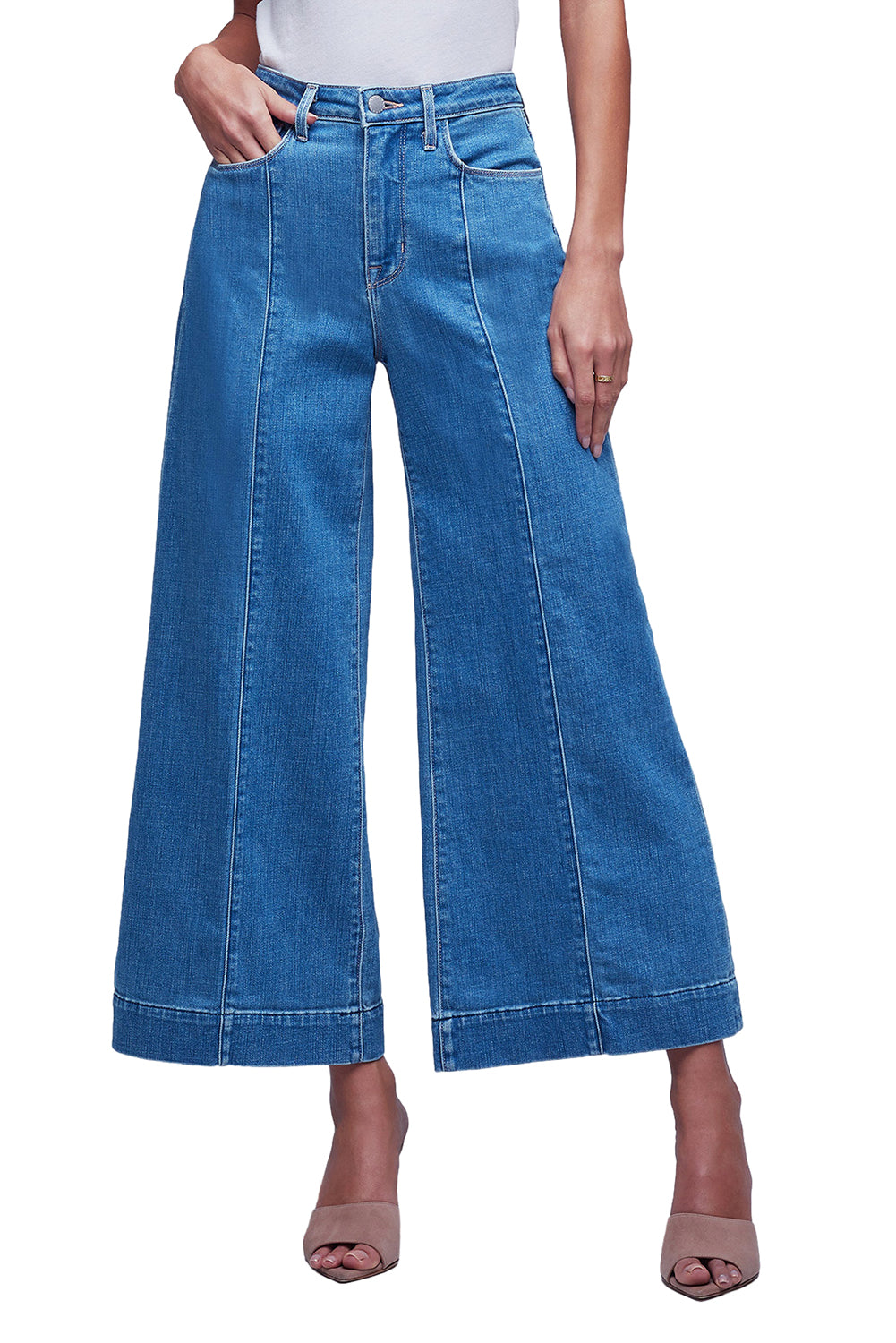 Dark Blue Plain Seam Detail Flared Bottom Ankle Length Jeans
