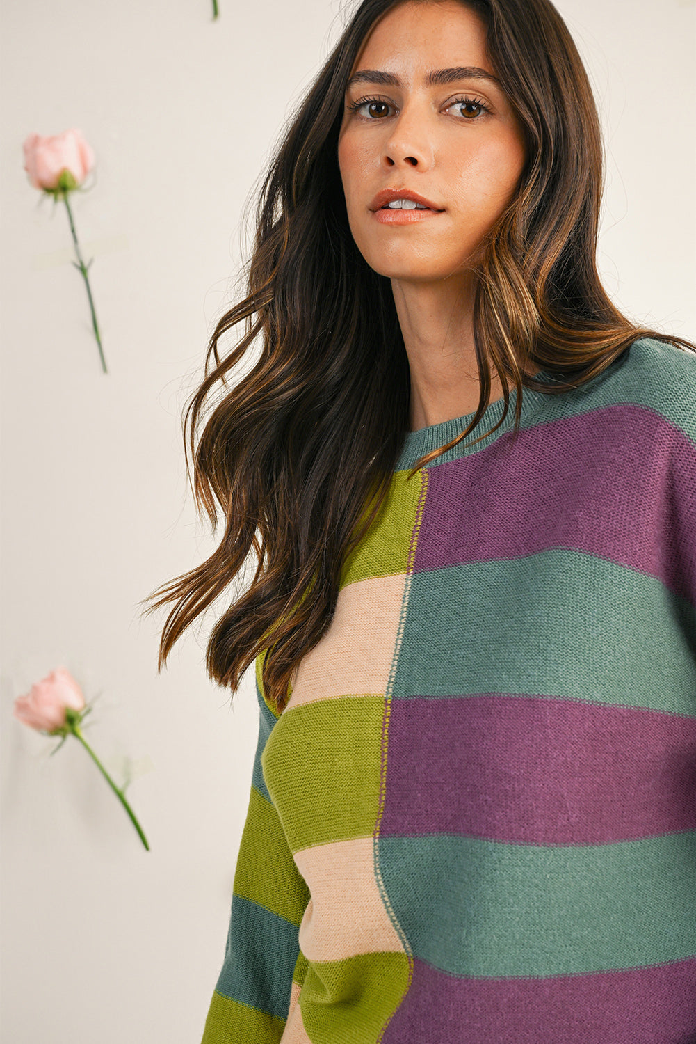 Green Stripe Colorblock Drop Shoulder Ribbed Edge Sweater