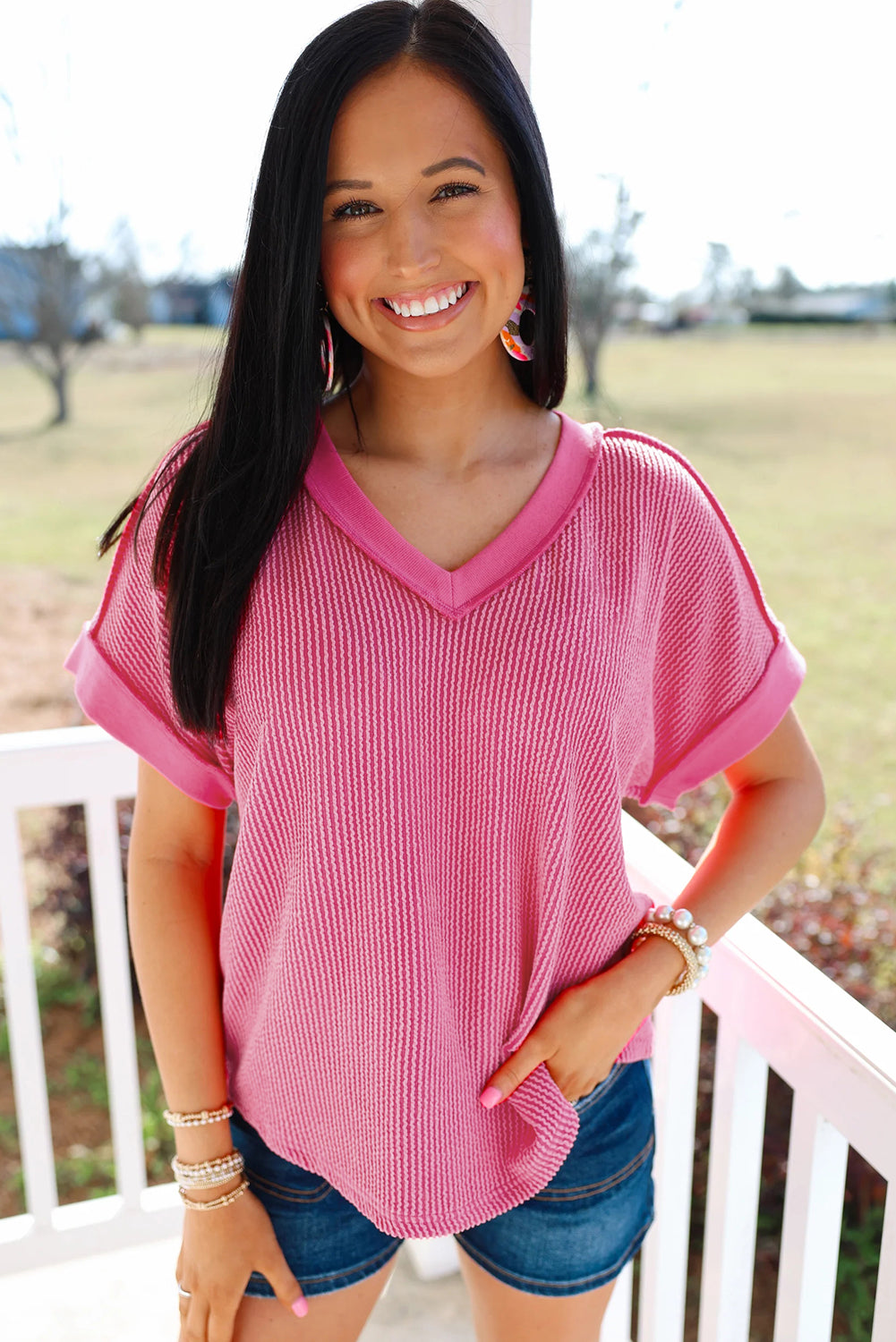 Rose Red Twisted Ribbed Knit Patchwork V Neck Casual Tee