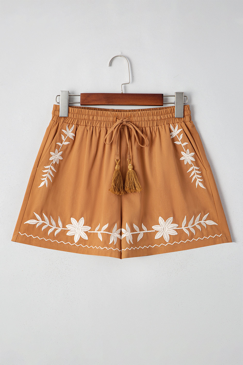 Khaki Embroidered Tassel Tie Elastic Waist Shorts