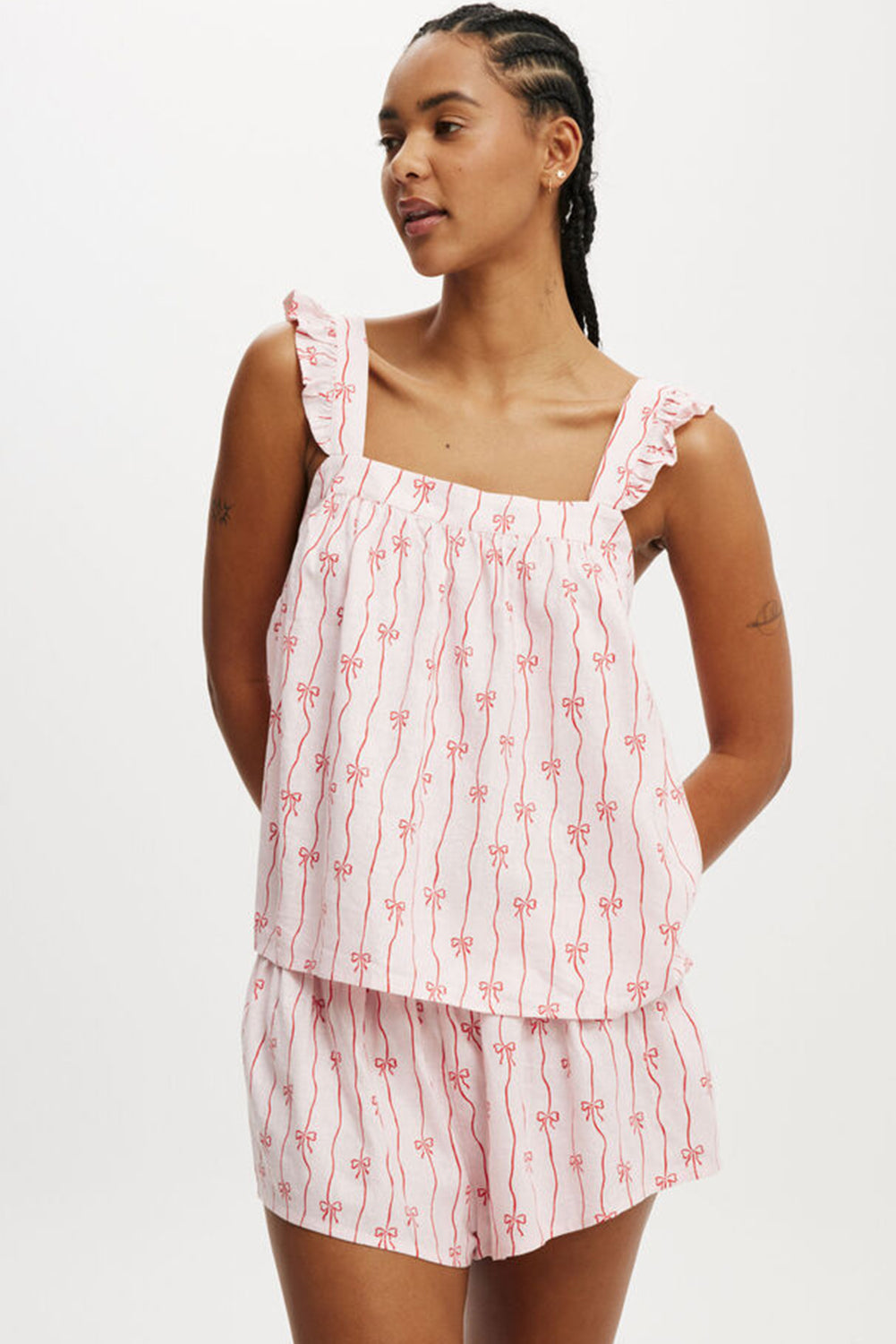 Pink Bow Striped Cami Top and Shorts Set
