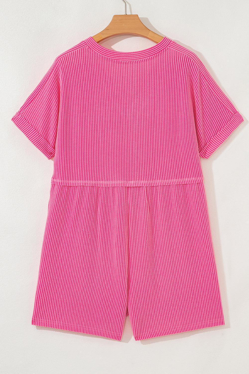 Bright Pink Corded Short Sleeve V Neck Pocketed Romper