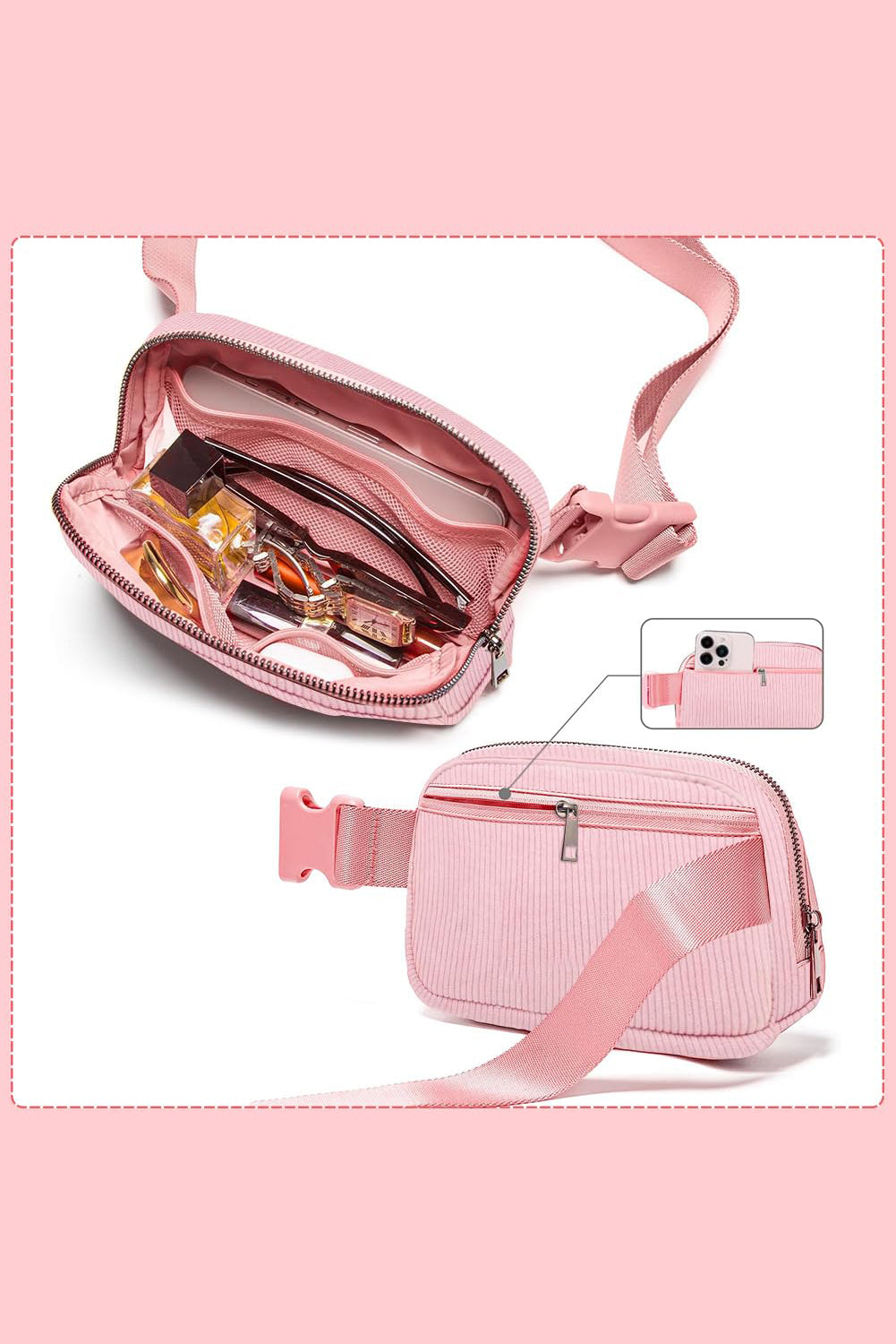 Pink Striped M Letter Zipper Crossbody Bag