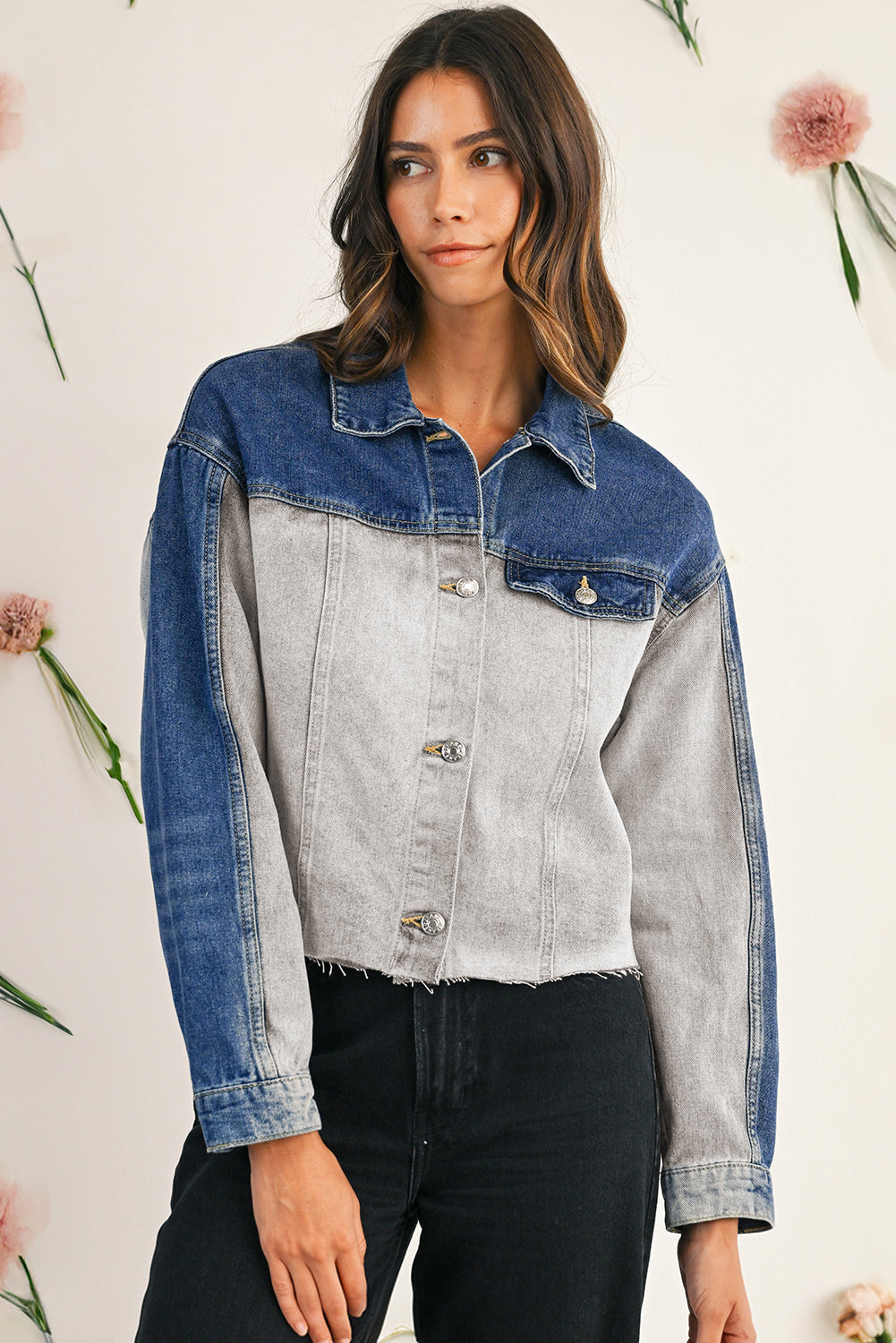 Dusk Blue Patchwork Flap Detail Distress Denim Jacket