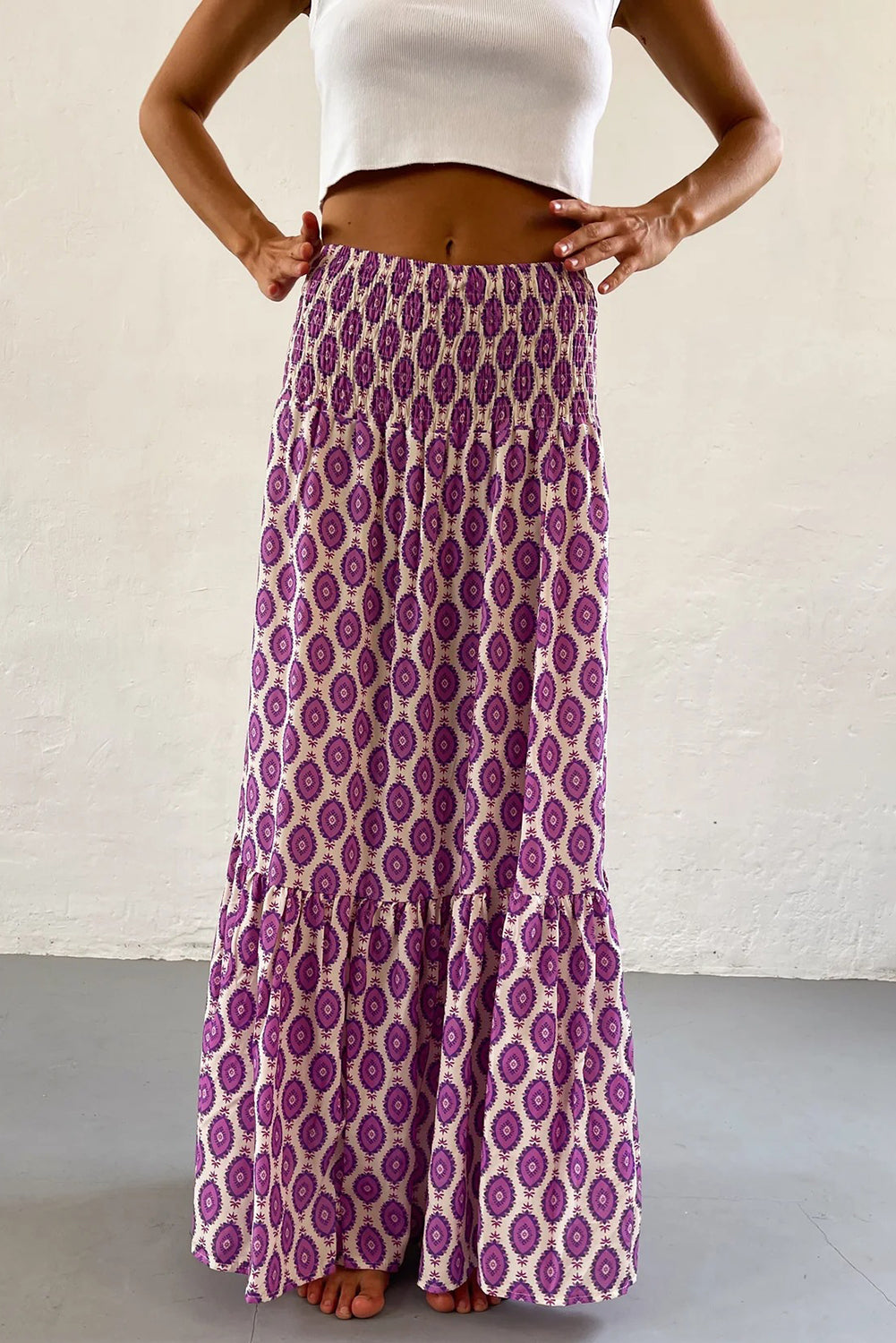 Purple Abstract Print Smocked Waist Maxi Skirt