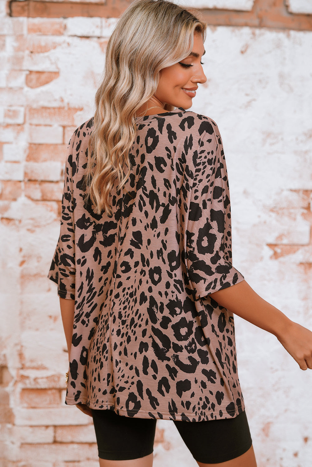 Brown Leopard Print V Neck Half Sleeve Oversized Tee