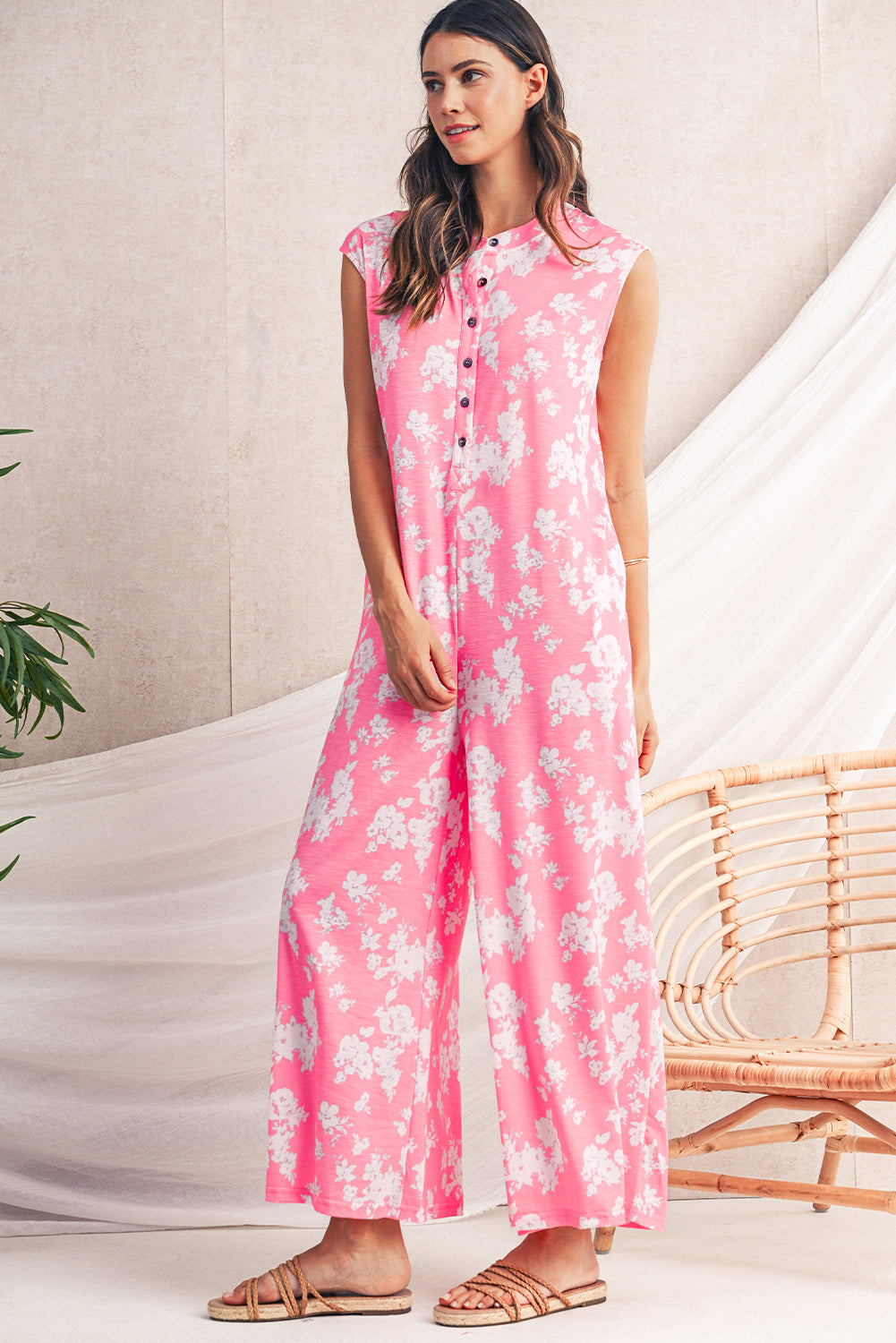 Pink Floral Print Sleeveless Wide Leg Jumpsuit
